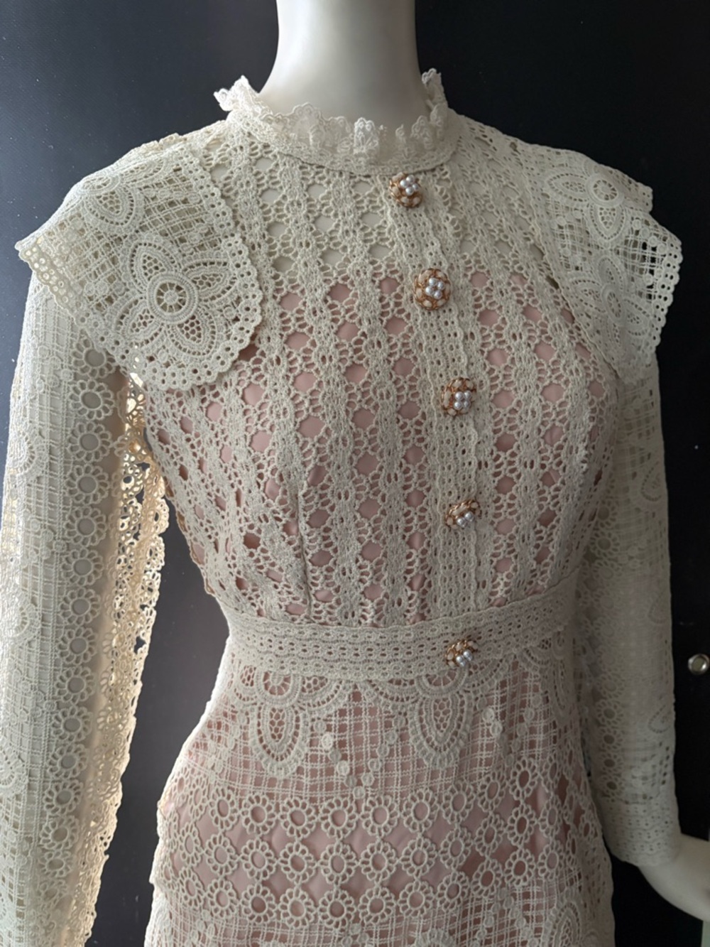 Vintage-Inspired Cream Lace Long-Sleeve Dress with Pearl Buttons